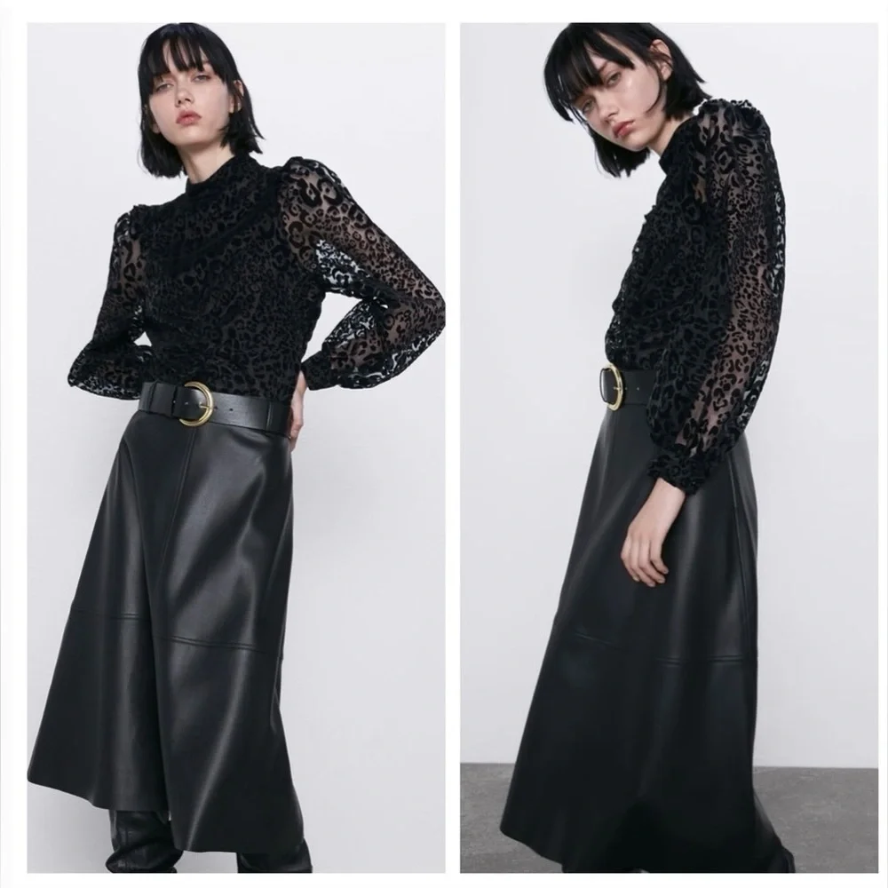 Zara Black Semi-Sheer Animal Print Velvet Party Evening Formal Wedding Top